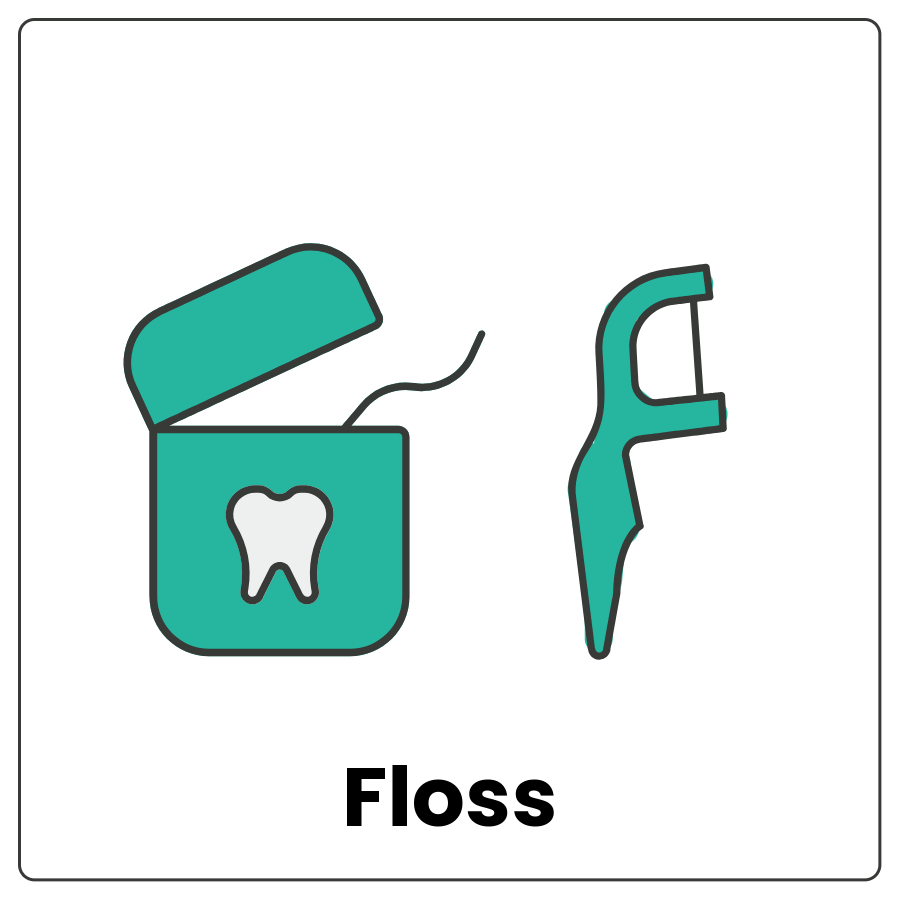 Floss - Lidded dispenser of thread and a plastic frame threaded with thread and the word floss