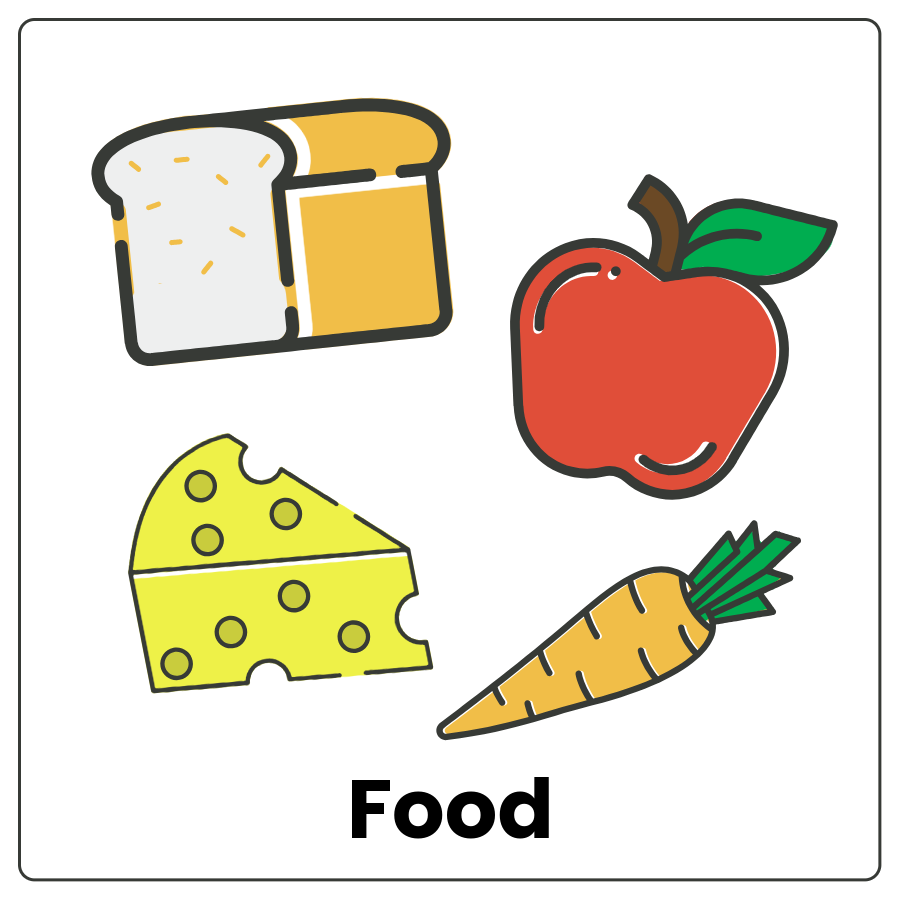 Visual Cue: Food - Bread, apple, cheese, carrot and the word food