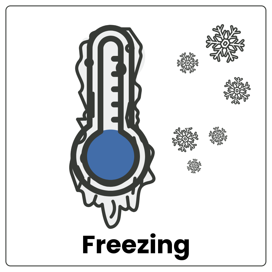 Thermometer showing a very low temperature and ice crystals and the word freezing