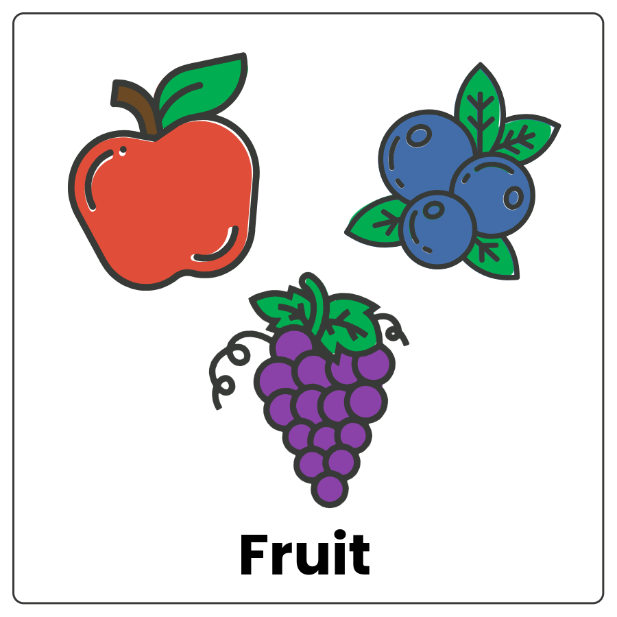 Visual Cue: Fruit - Apple, blueberries, and grapes and the word fruit