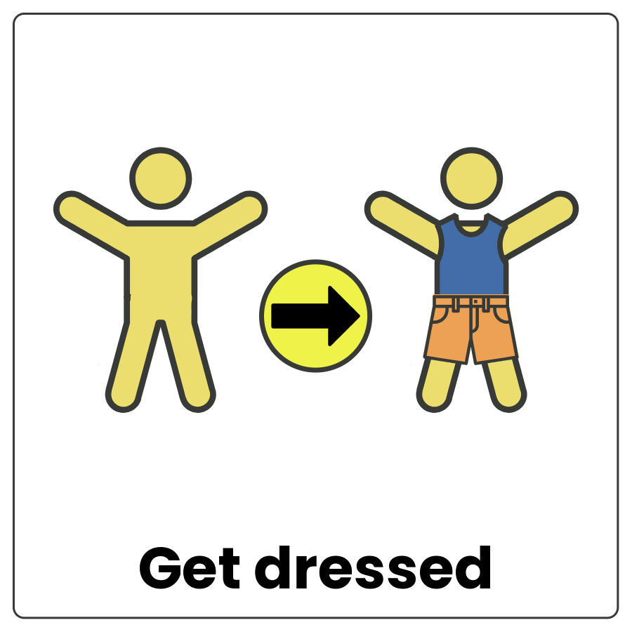 Visual Cue: Get dressed - outline of a person with no clothes followed by an arrow and an outline of that person with clothes and the words get dressed