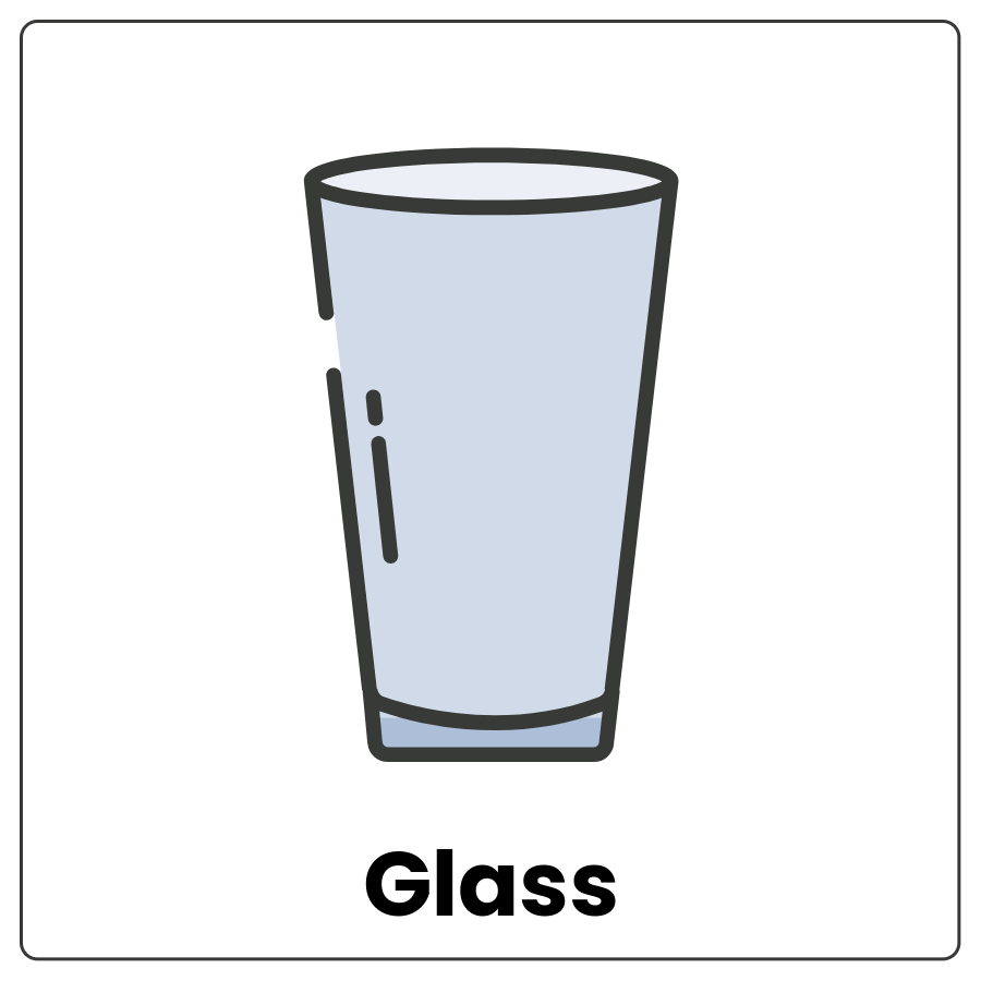 Visual Cue: Glass - drinking vessel made of glass and the word glass