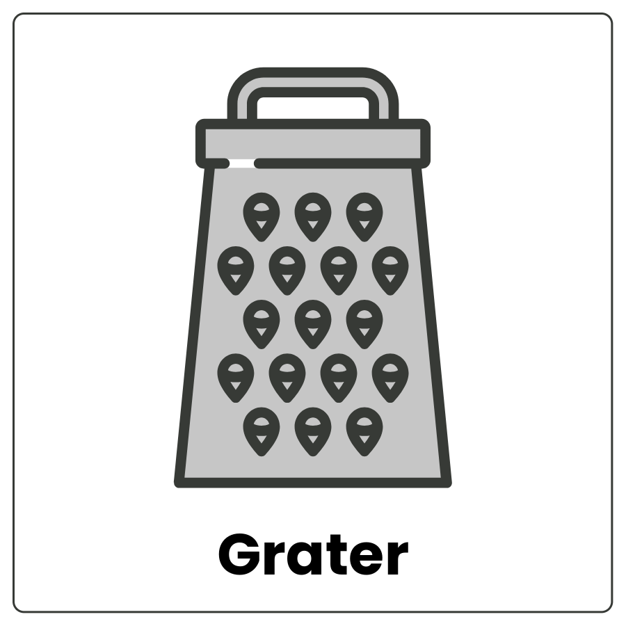 Visual Cue: Grater - Metal tool with many sharpened holes and  the word grater