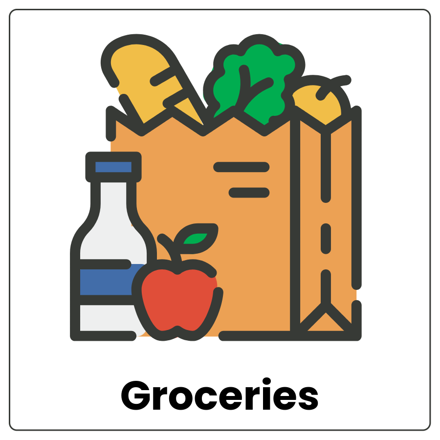 Visual Cue: Groceries - Bag filled with food items and the word groceries