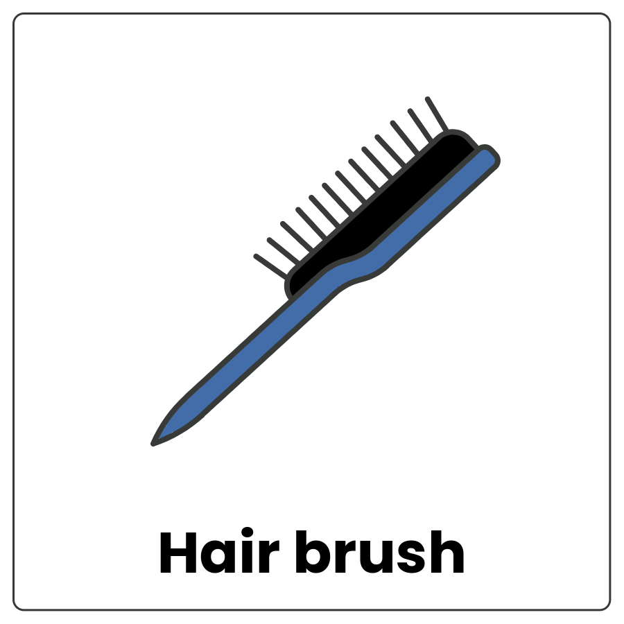Hair brush - Tool with a handle and soft bristles and the words hair brush