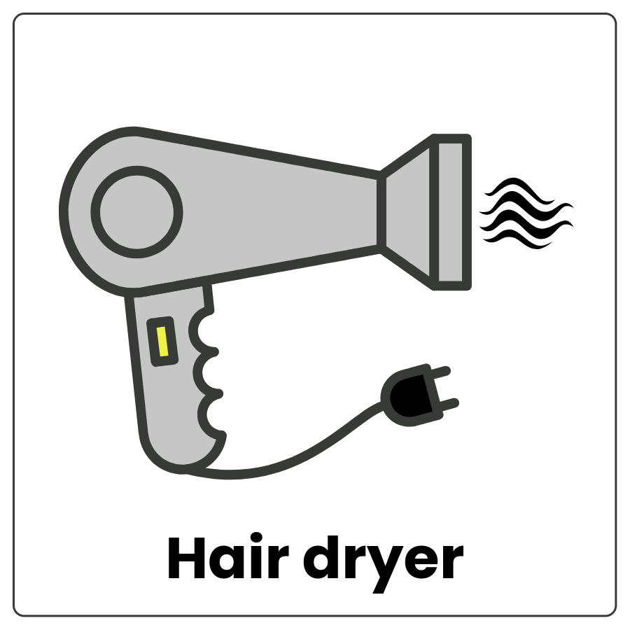 Hair dryer - Small hand-held tool with a plug and a cone-shaped vent on one end and the words hair dryer