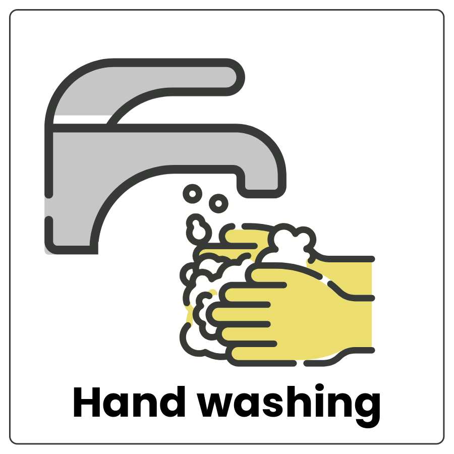 Hand washing - Sink with running water and hands beneath it with a bar of soap and the words hand washing