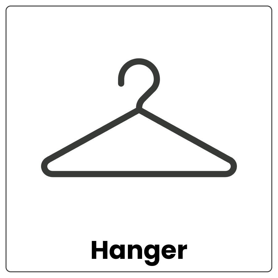 Hanger - Bent piece of wire, plastic, or wood for hanging clothes and the word hanger
