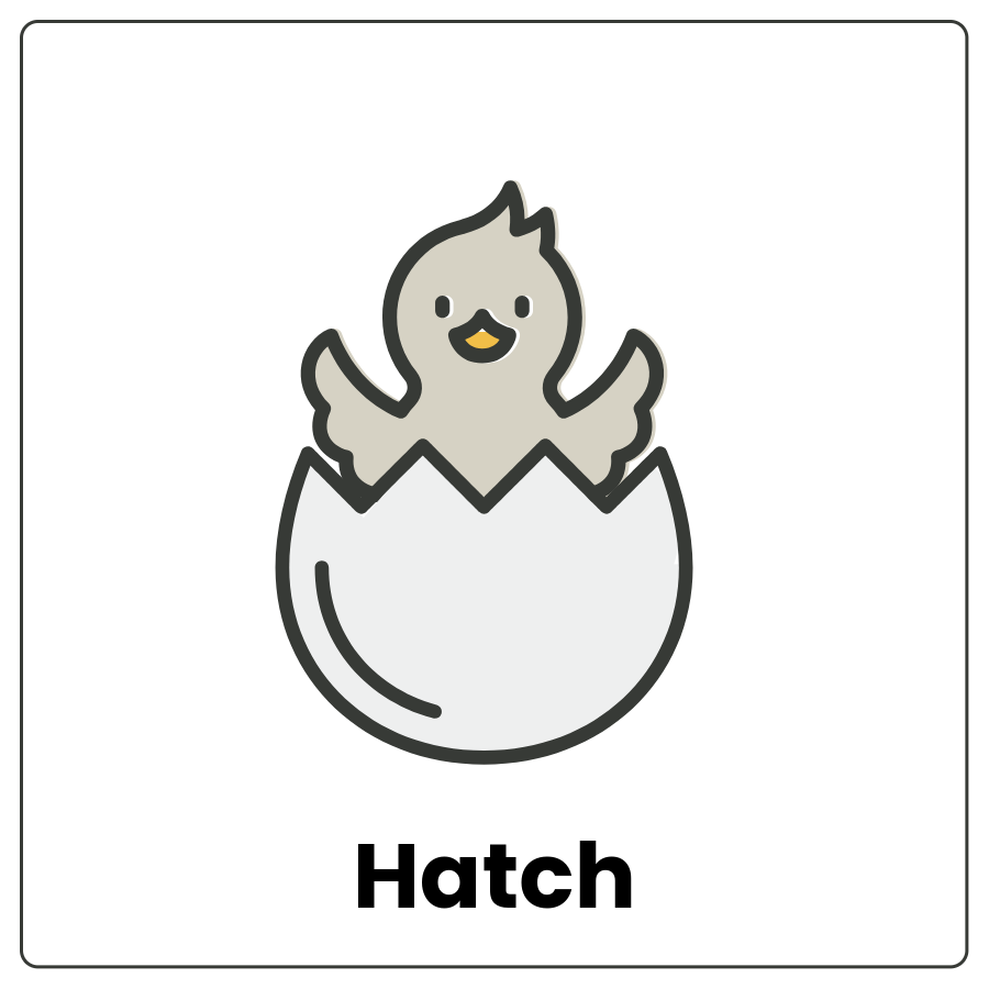 Visual Cue: Hatch - Baby bird sitting in a cracked egg and the word hatch