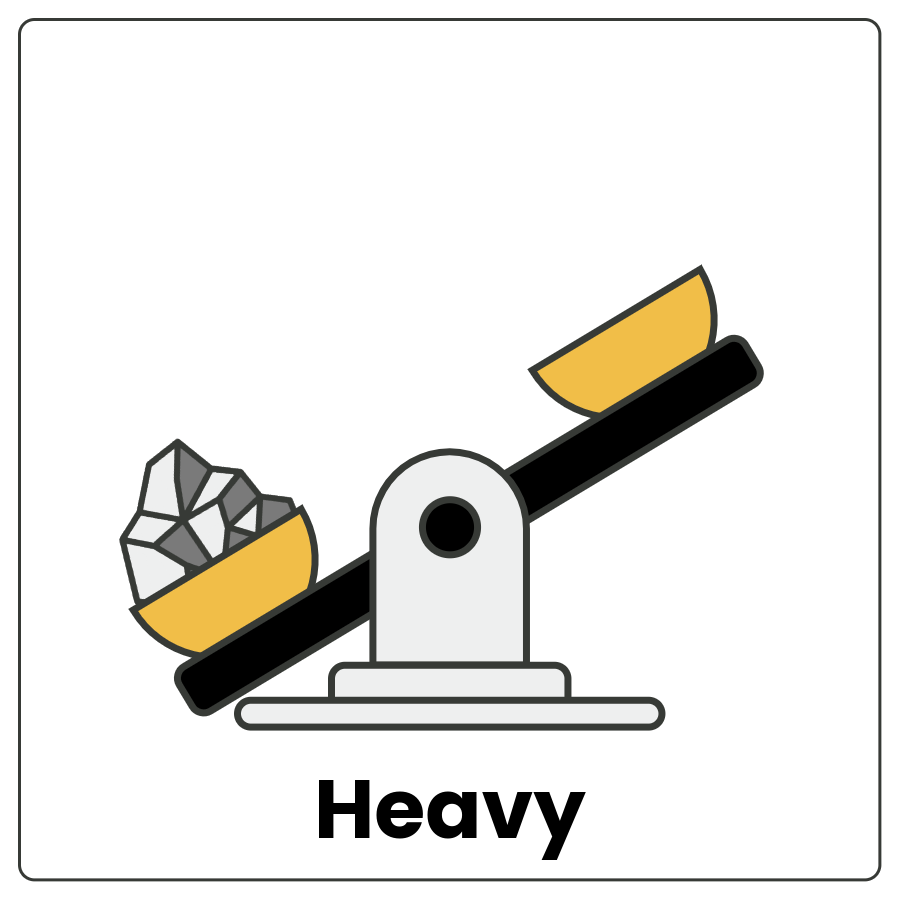 Visual Cue: Heavy - Scale with items on both sides with an arrow pointing to the one on the left all the way to the floor and the word heavy