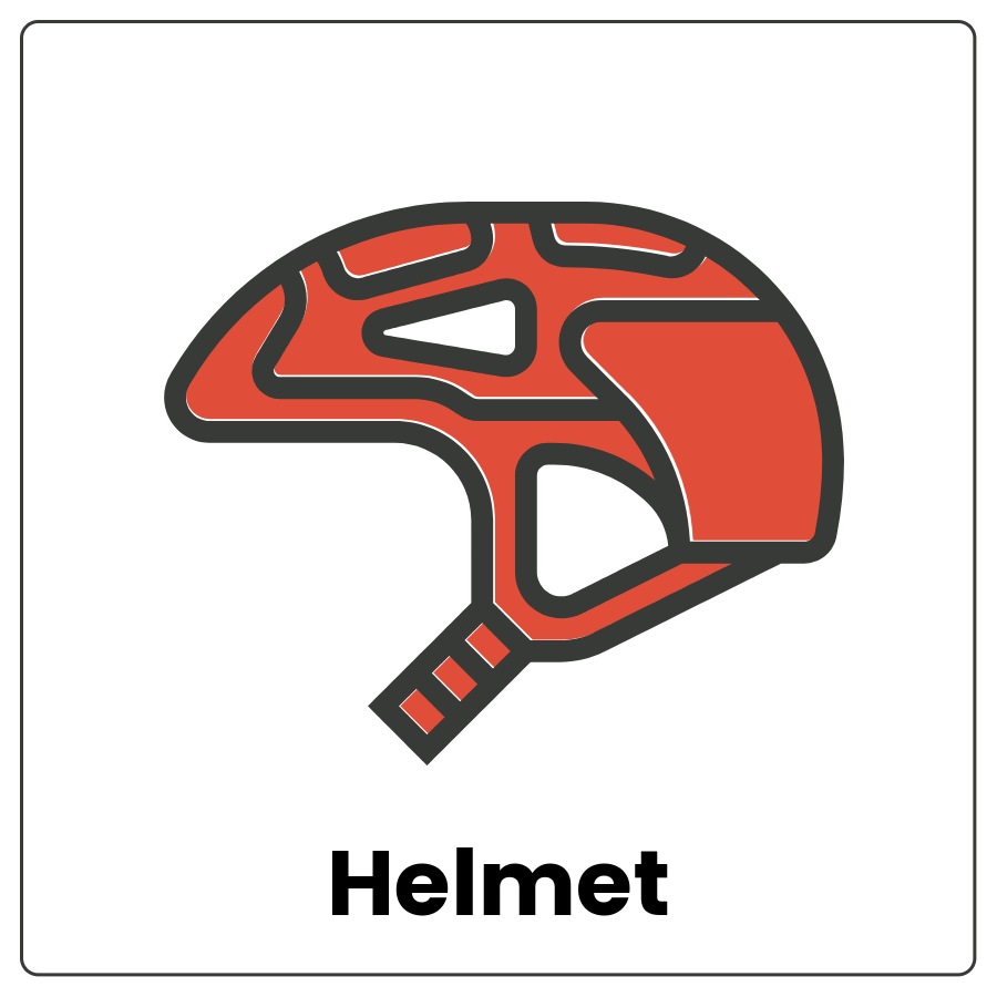 Helmet - Plastic head covering with straps that secure under a person's chin and the word helmet