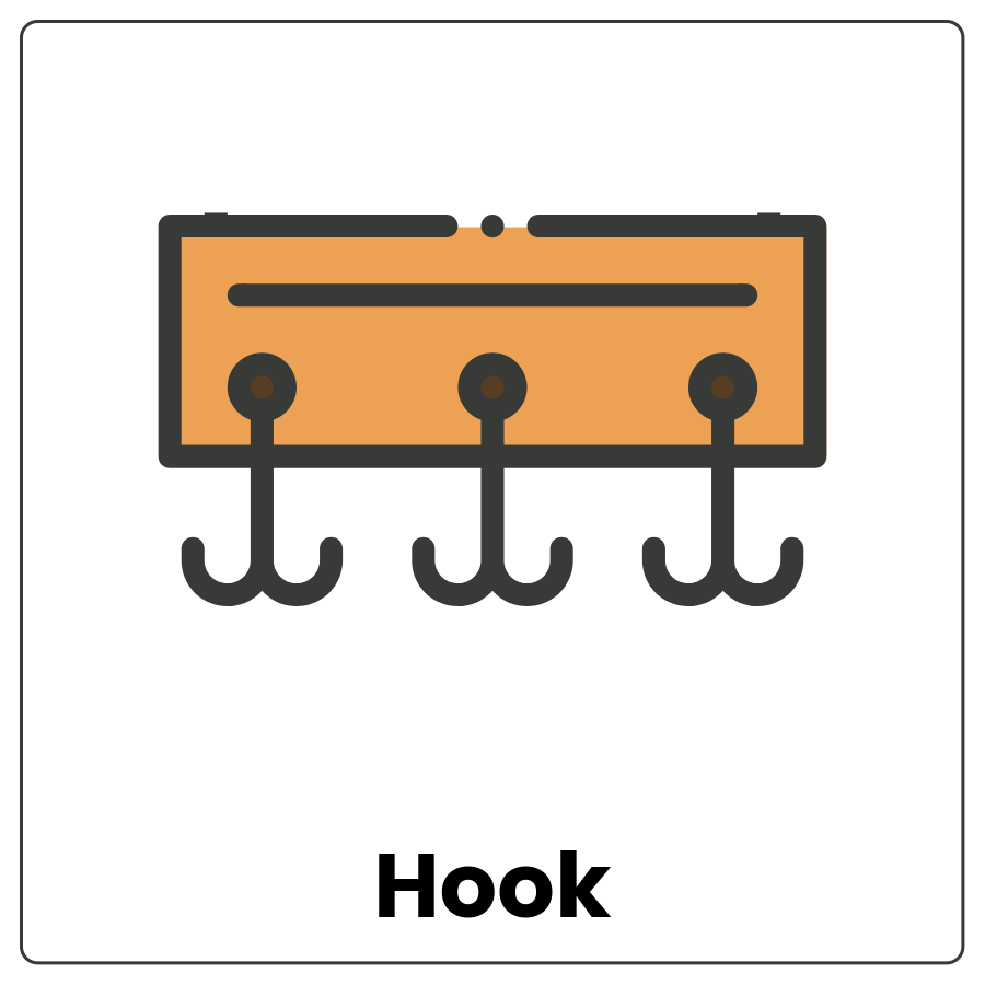 Hook - Curved piece of hard material and the word hook