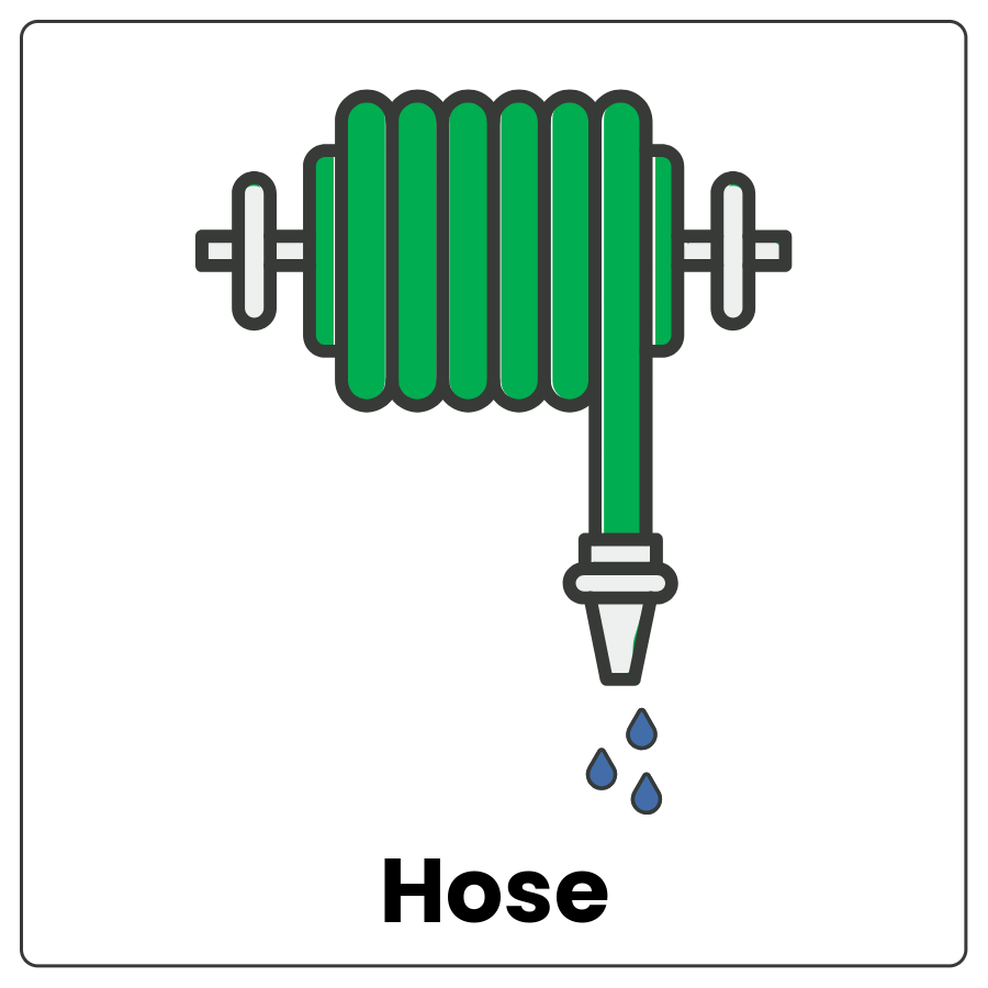 Coiled green tube that has a nozzle at one end to allow liquid to flow through and the word hose