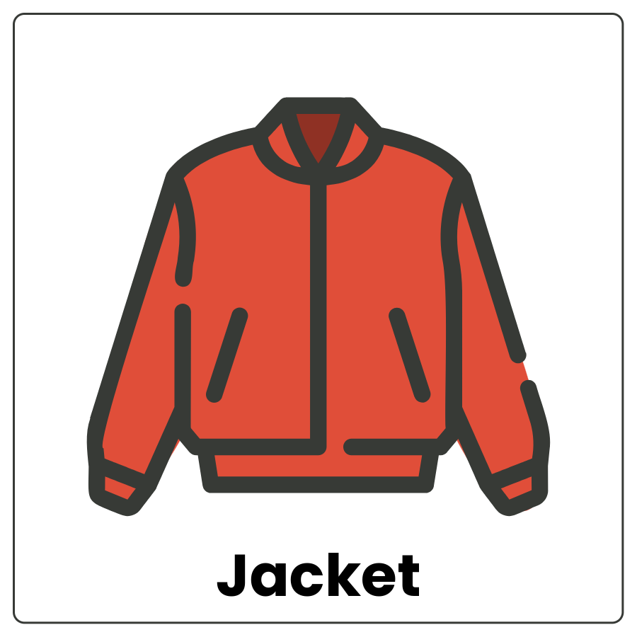 Jacket - Long sleeved garment that zips or buttons closed and the word jacket