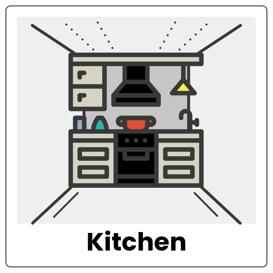 Visual Cue: Kitchen - Room with a stove, hanging light, and counters and the word kitchen