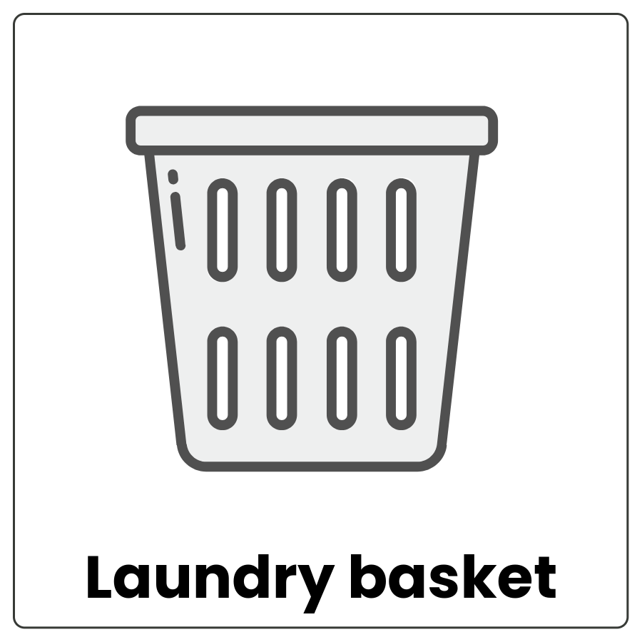 Laundry basket - Un-lidded container with air holes on the sides and the words laundry basket