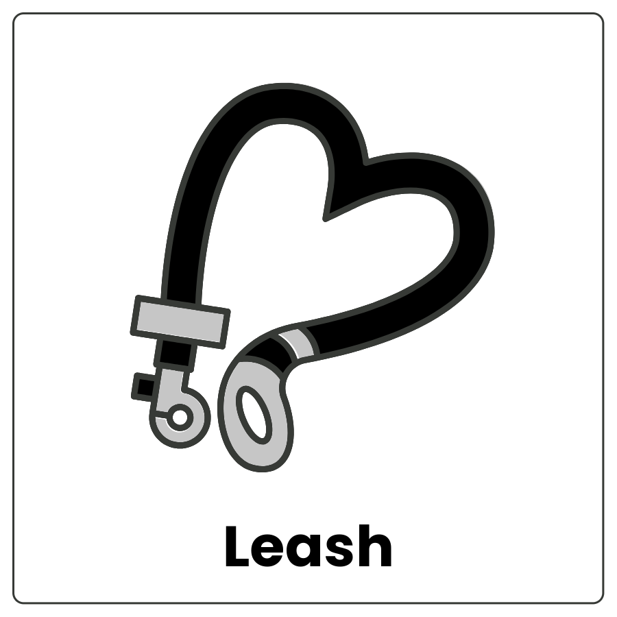Leash - Long piece of fabric with a clasp at one end and a loop for your hand at the other and the word leash