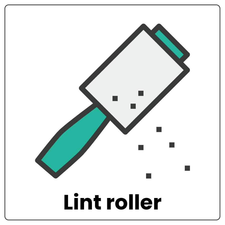 Lint roller - Handle with a roll of sticky paper attached to one end and the words lint roller
