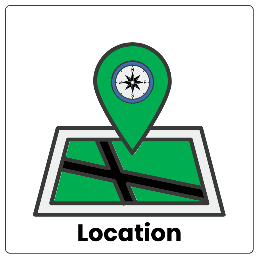 Visual Cue: Location - Drawing of a map with a marker at a certain position and the word location