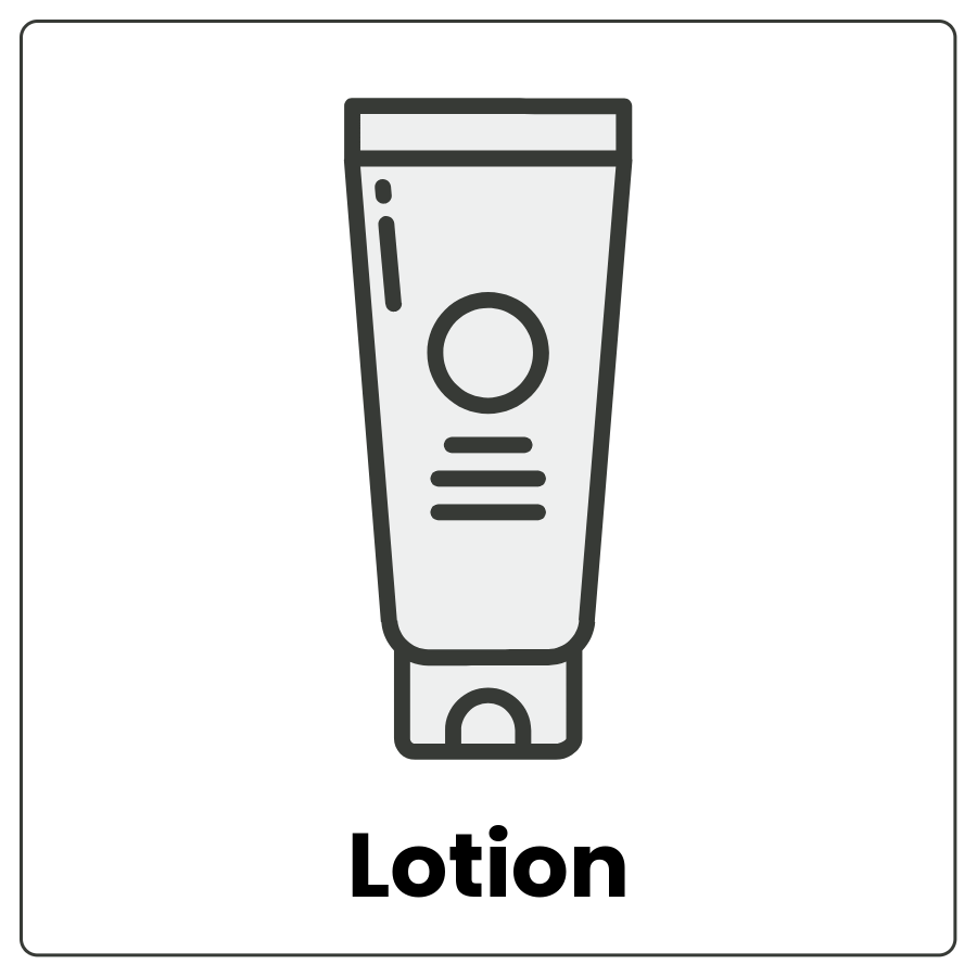 Lotion - Squeeze bottle with a cap at one end and the word lotion