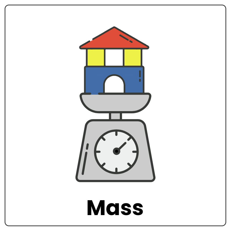 Scale with an object sitting on it and a dial that measures weight and the word mass