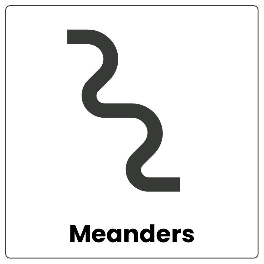 Visual Cue: Meanders - squiggly line that bends to the right and left and the word meander