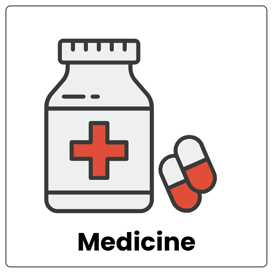 Medicine - Bottle with a red cross on the label next to 2 capsules and the word medicine