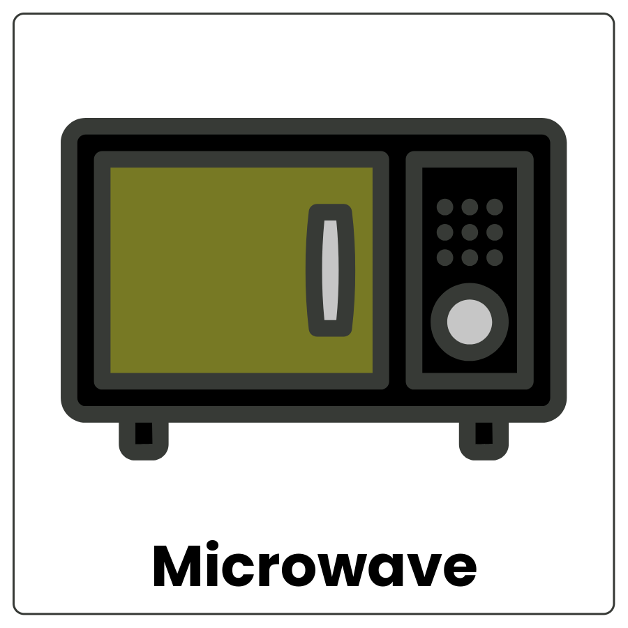 Visual Cue: Microwave - A small countertop oven that cooks food and the word microwave