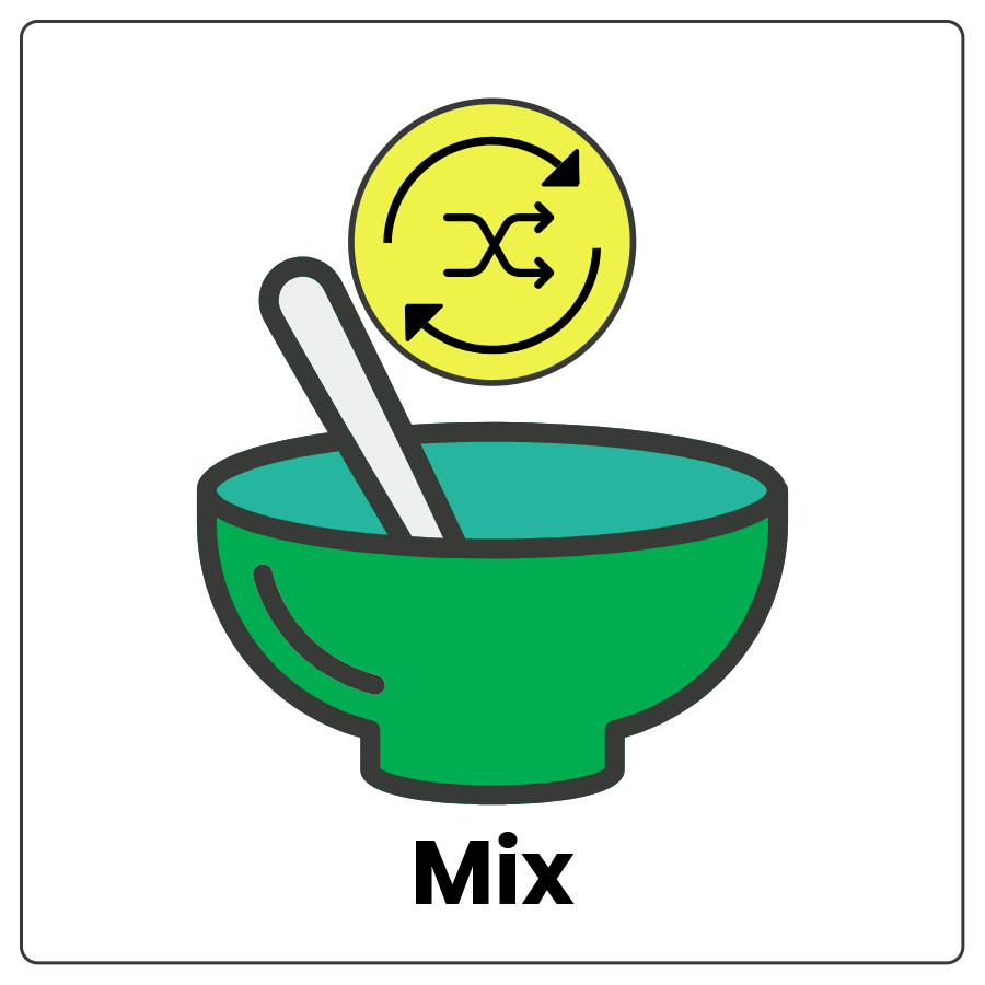 Spoon in a bowl with a circle with alternating arrows curving to the right and to the left and the word mix