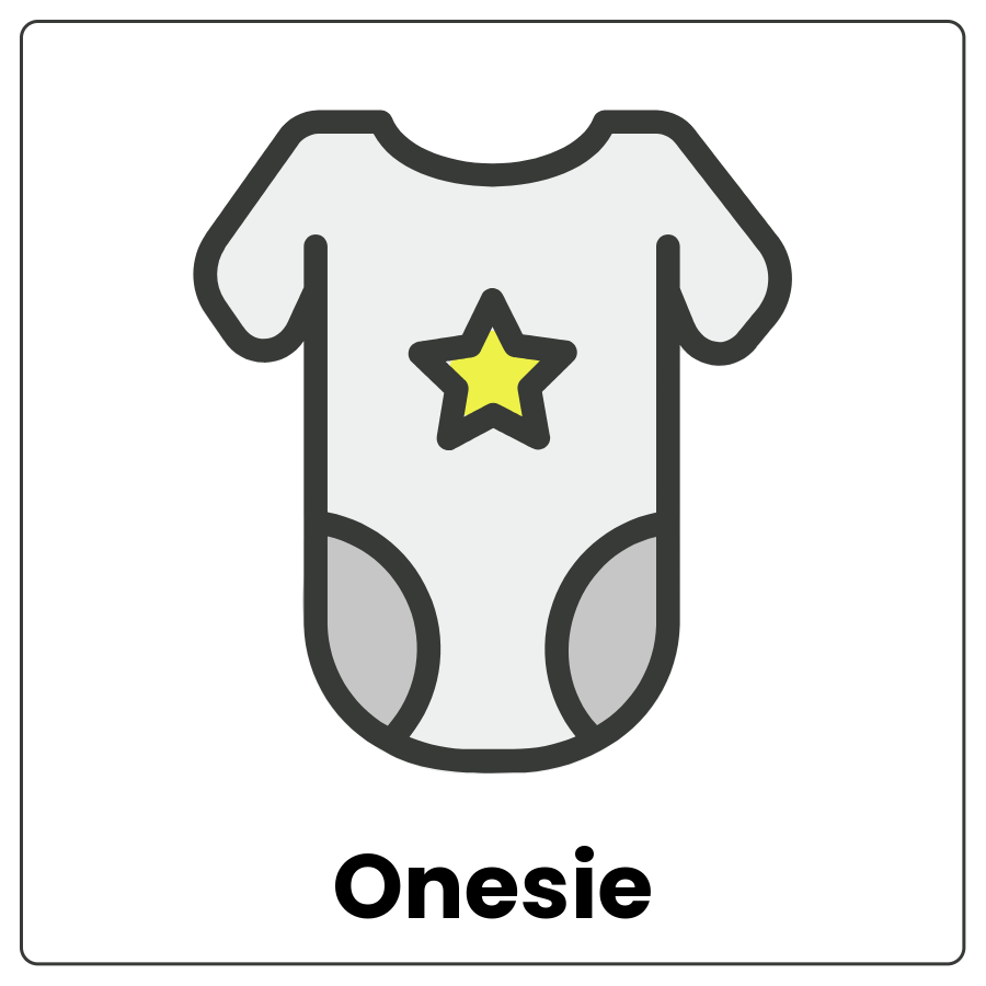 Onesie - One-piece article of clothing with arms and leg hole openings and the word onesie