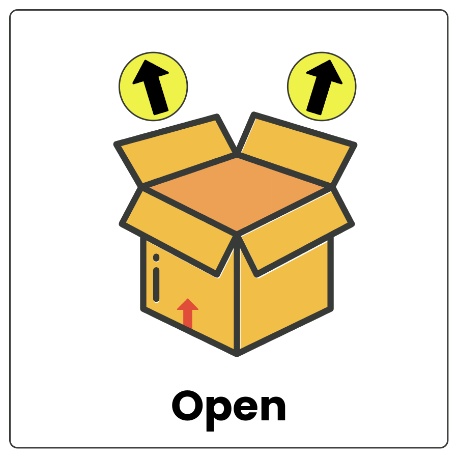 Visual Cue: Open - Box with top flaps open and the word open
