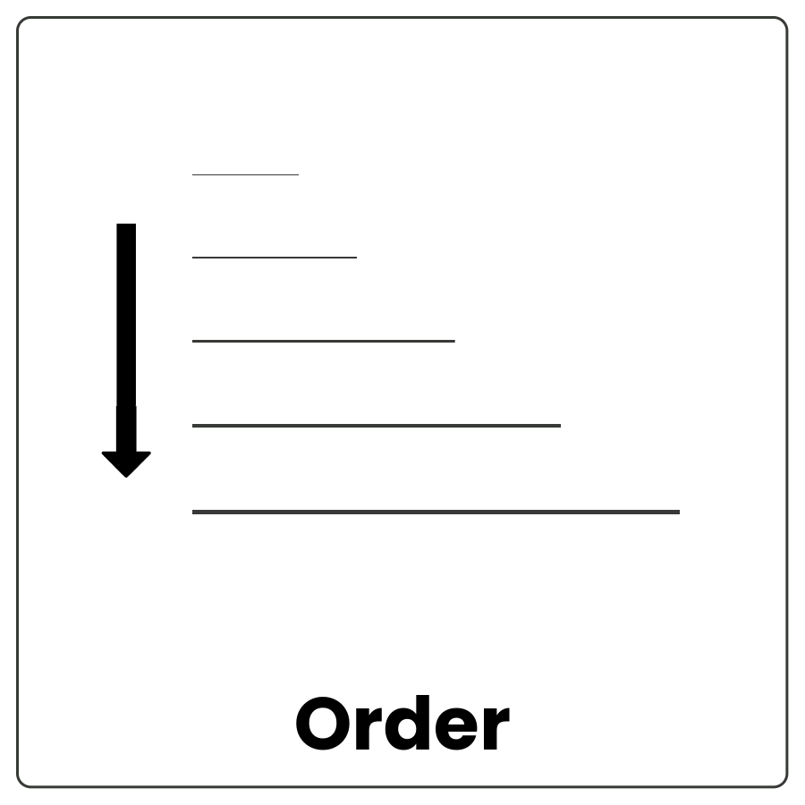 Stack of 5 gradually increasingly long lines with a downward arrow along the left side and the word order