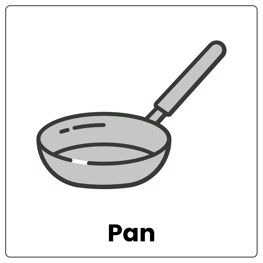 Visual Cue: Pan - A metal dish and the word pan