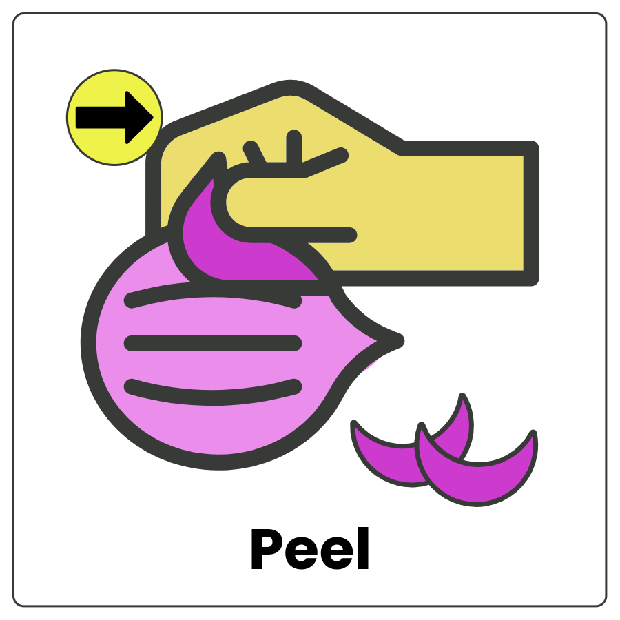 Visual Cue: Peel - Hand pulling off the outer skin of an onion and the word peel