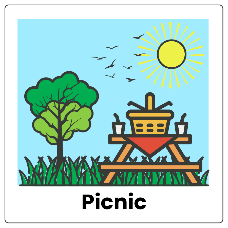 Visual Cue: Picnic - Basket with food on an outdoor table and the word picnic