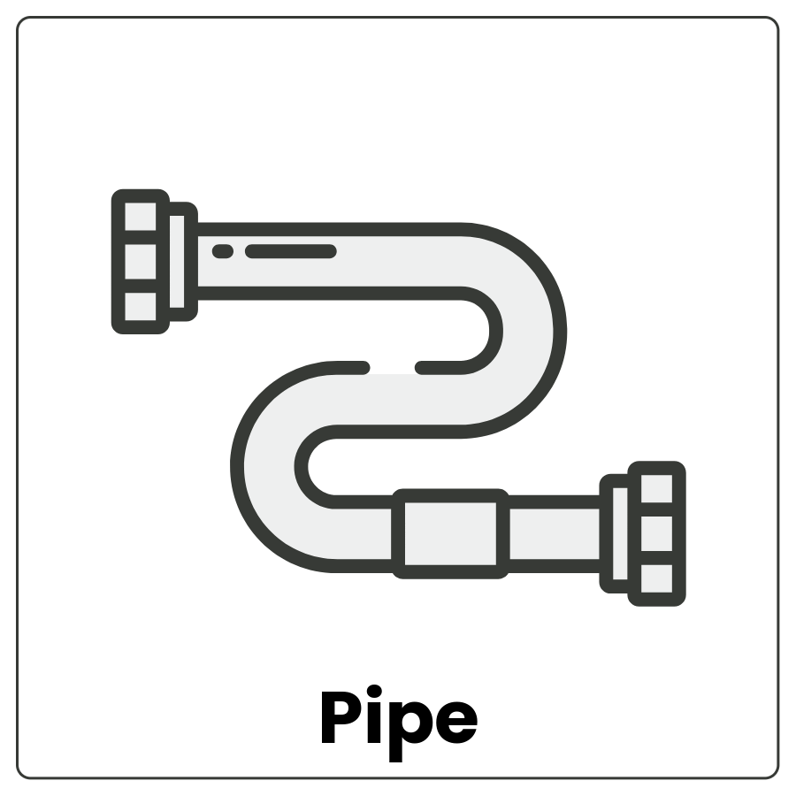 Hollow, bended tube with openings at each end and the word pipe