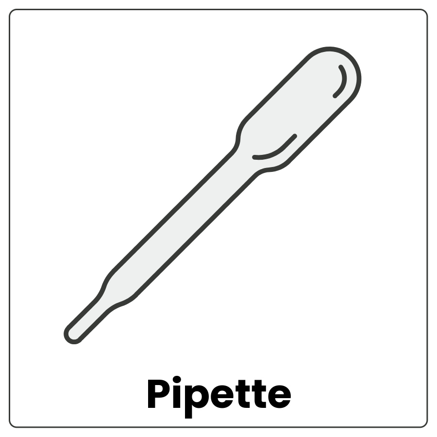 A tube that has a bulb you squeeze on top and a narrow opening at the bottom and the word pipette