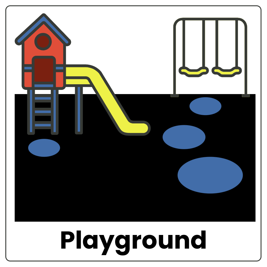 Playground - Drawing of an outdoor space that has a slide, swings, and a climbing structure and the word playground