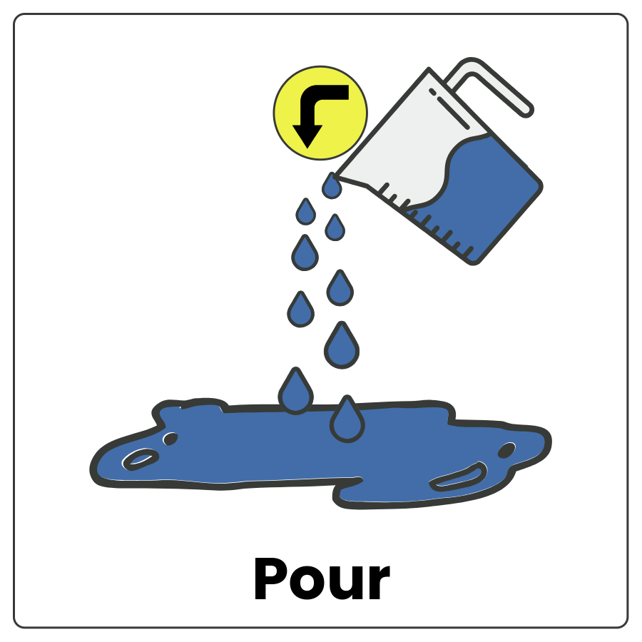 Container with liquid tipping forward so some of the liquid falls to the ground and makes a puddle and the word pour