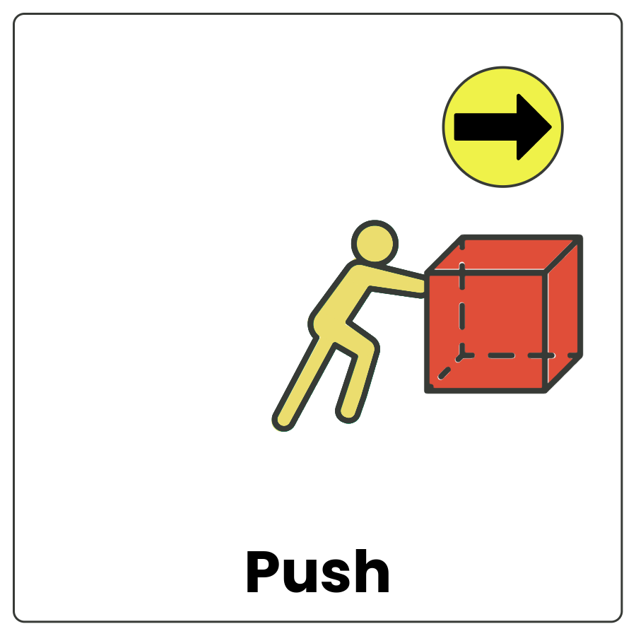 Visual Cue: Push - Person moving a cube away from them and the word push