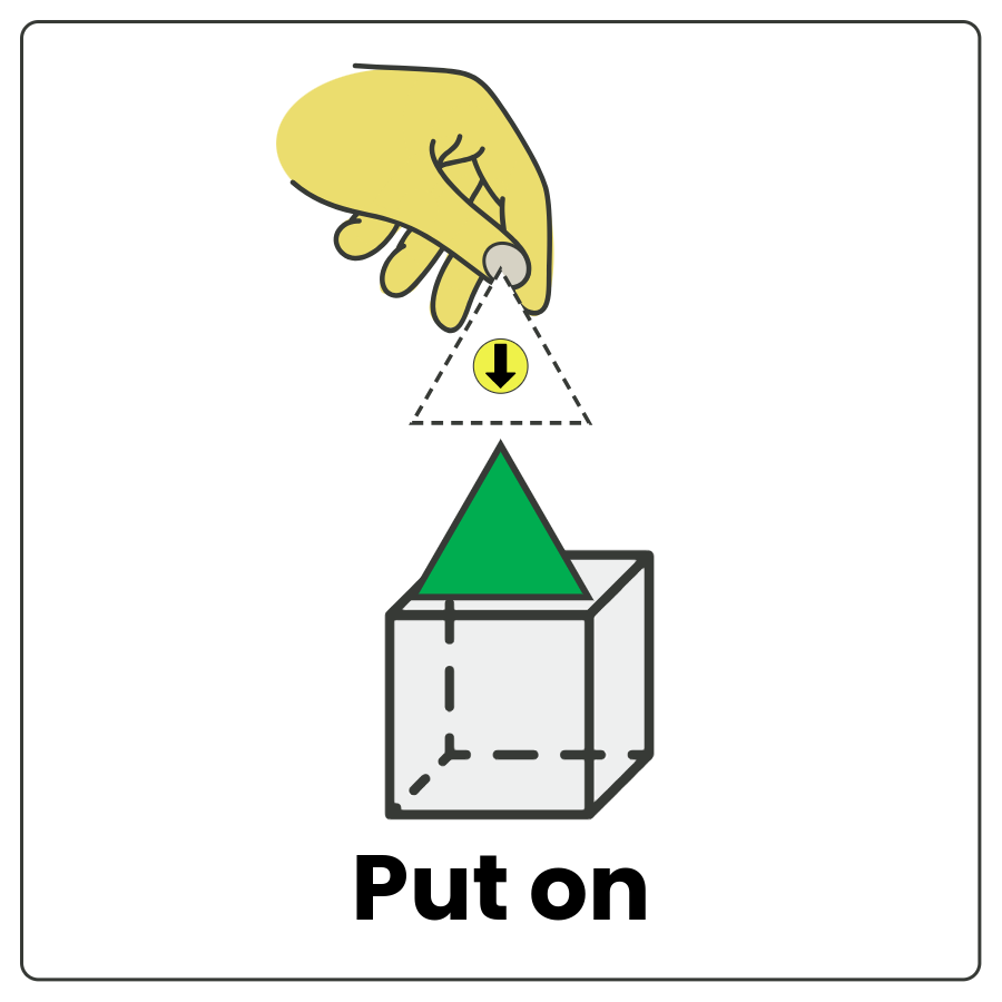 Visual Cue: Put on - Hand dropping a triangle atop a cube and the words put on
