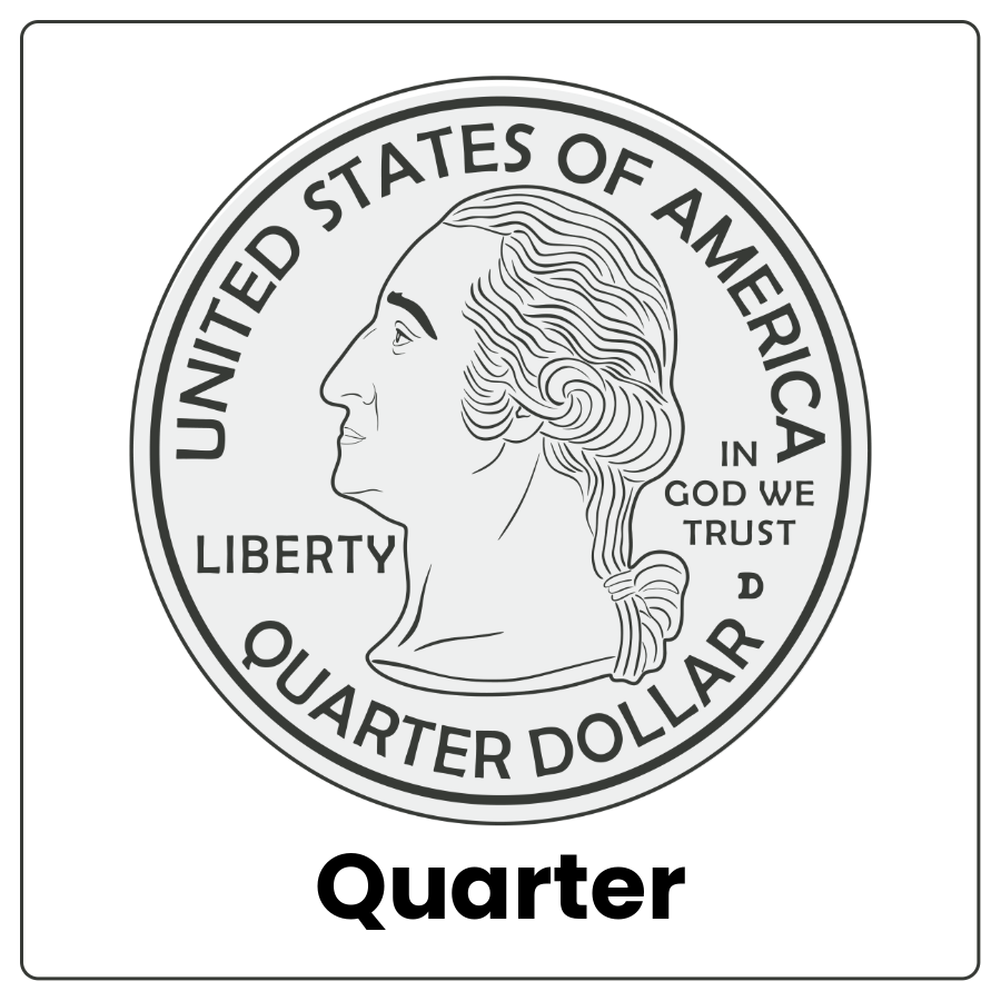 Visual Cue: Quarter - Silver coin and the word quarter
