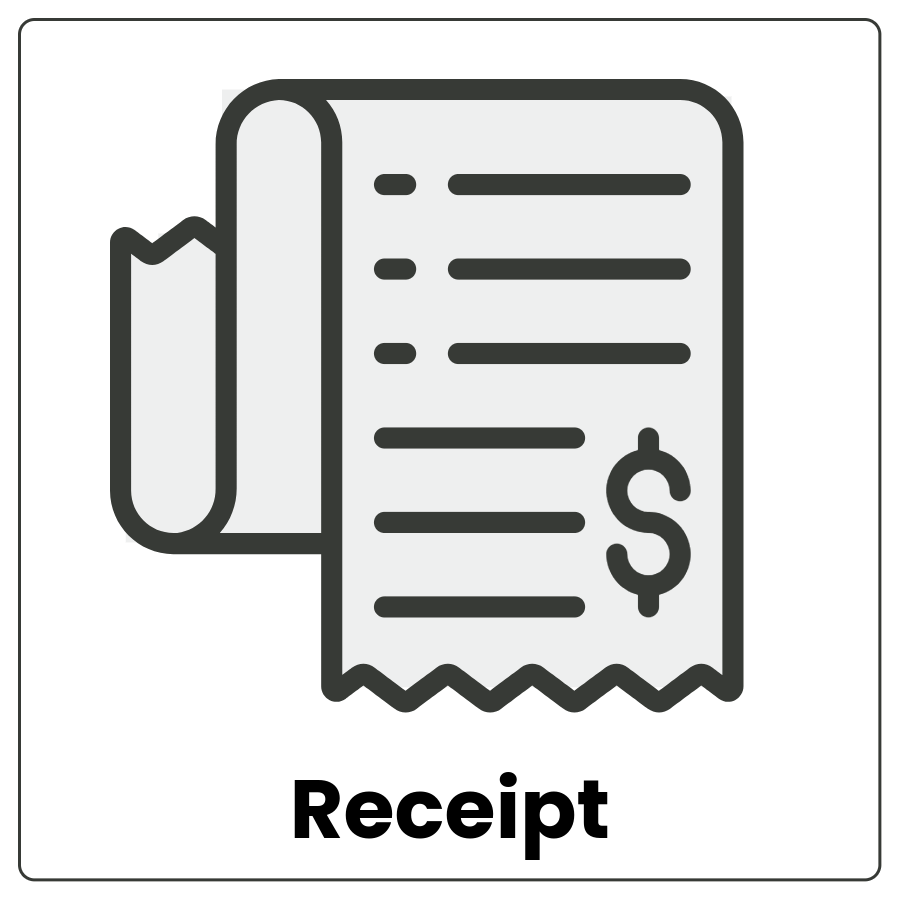 Visual Cue: Receipt - Paper with a list of teams and a total cost and the word receipt