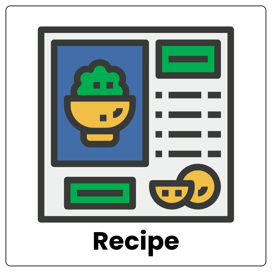 Drawing of a meal with bulleted steps to make the dish and the word recipe
