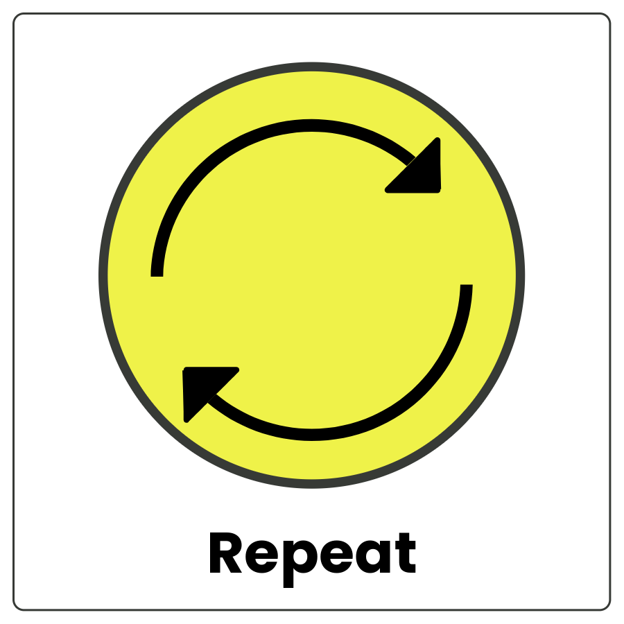 Circle with 2 curved arrows and the word repeat