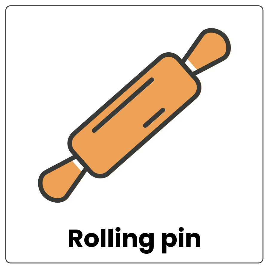 Visual Cue: Rolling pin - A narrow cylinder used for smoothing dough and the words rolling pin