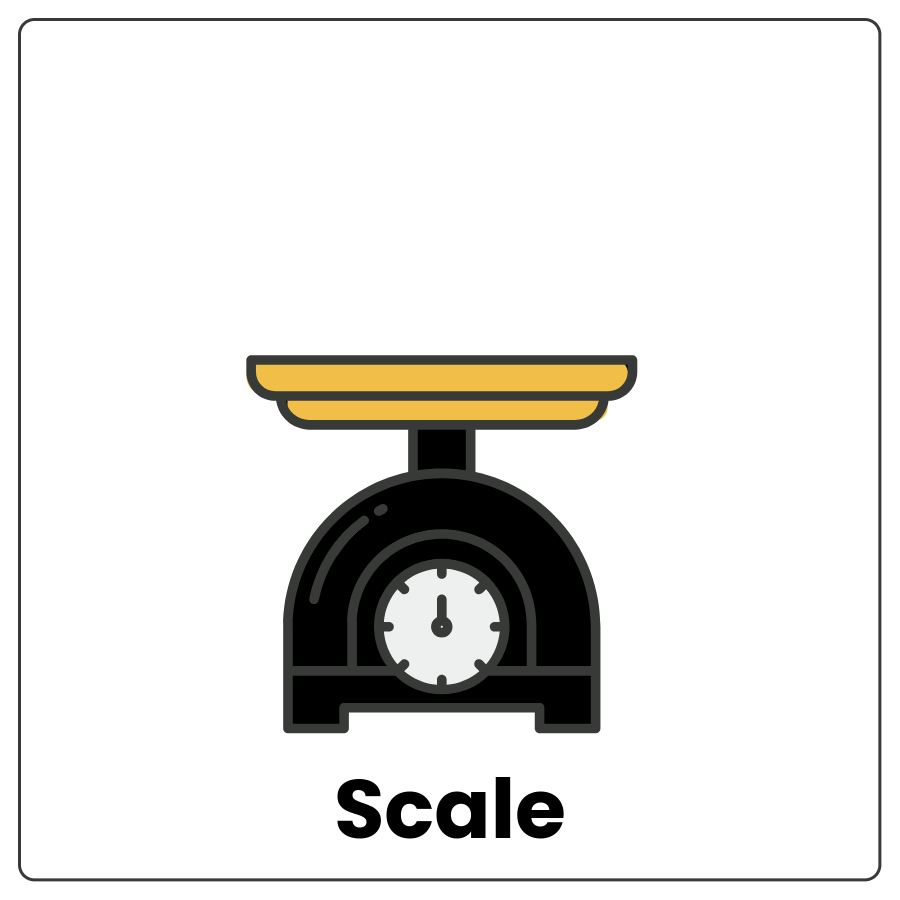 Visual Cue: Scale - Tray atop a base with a dial on the front and the word scale