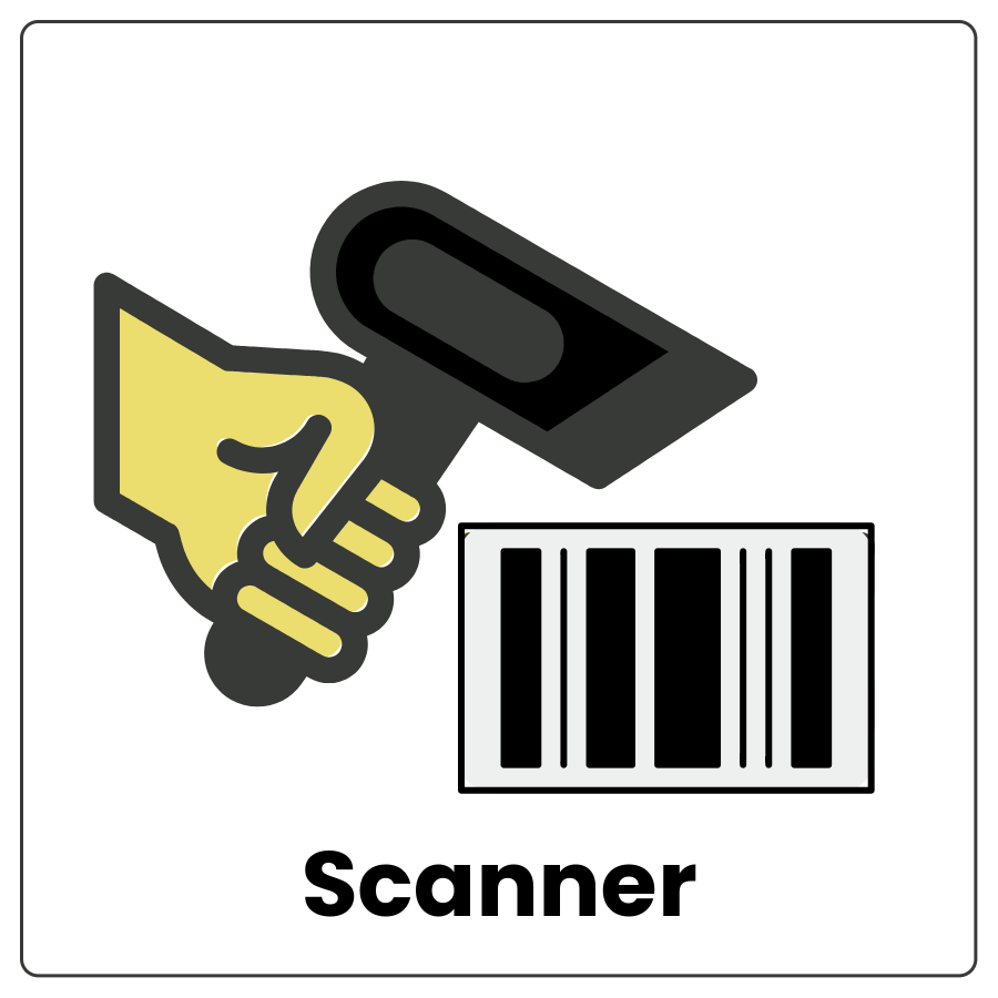 Visual Cue: Scanner - Hand holding a small machine over a bar code and the word scanner