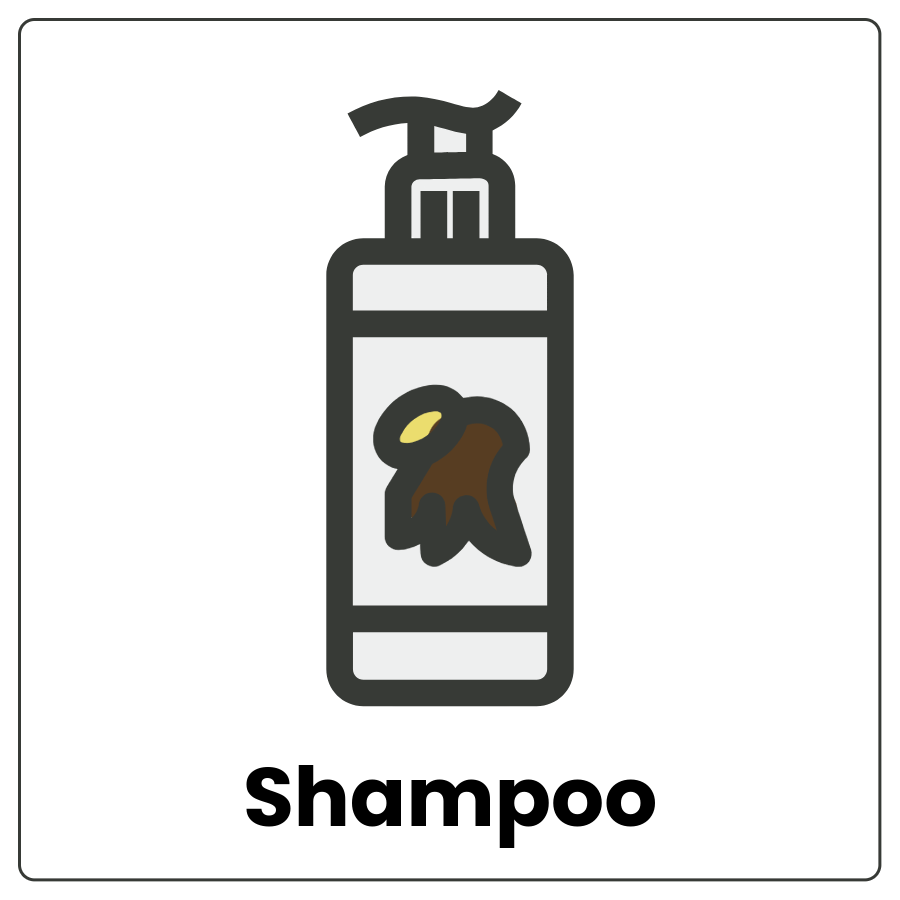 Shampoo - Bottle with a pump dispenser on top and the word shampoo