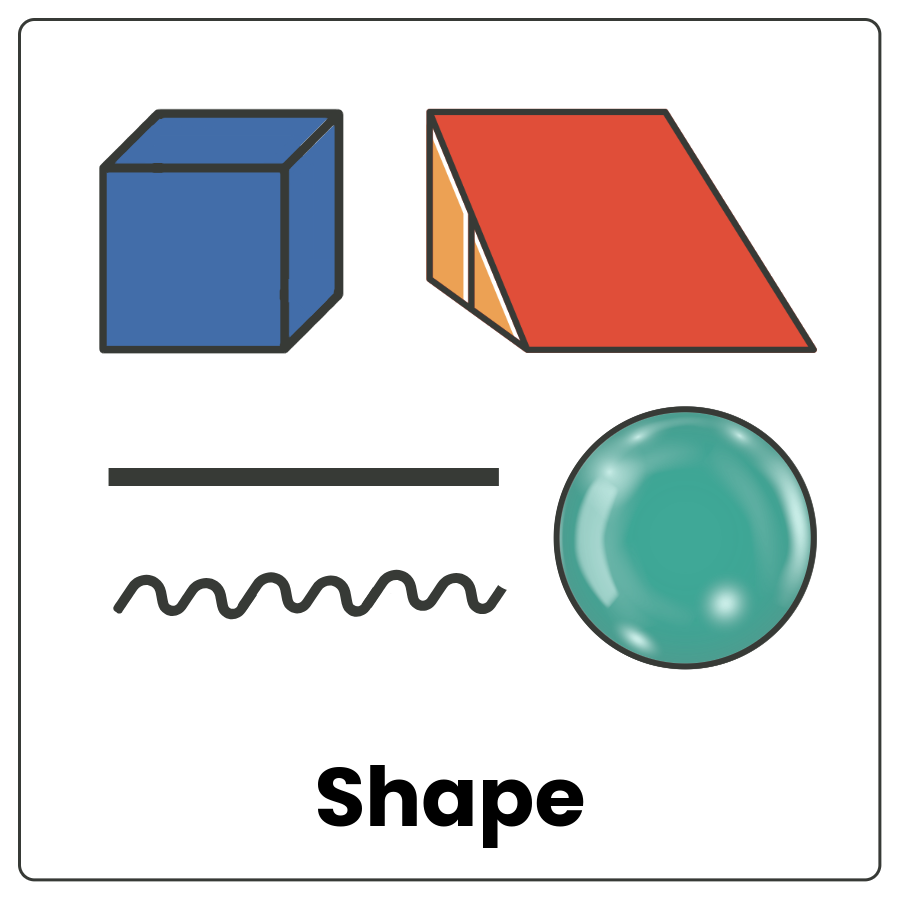 Assortment of objects with different dimensions and the word shape